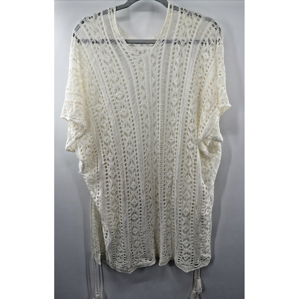 Open Knit Crochet Swim Cover Up Poncho‎ Boho White Festival River Beach